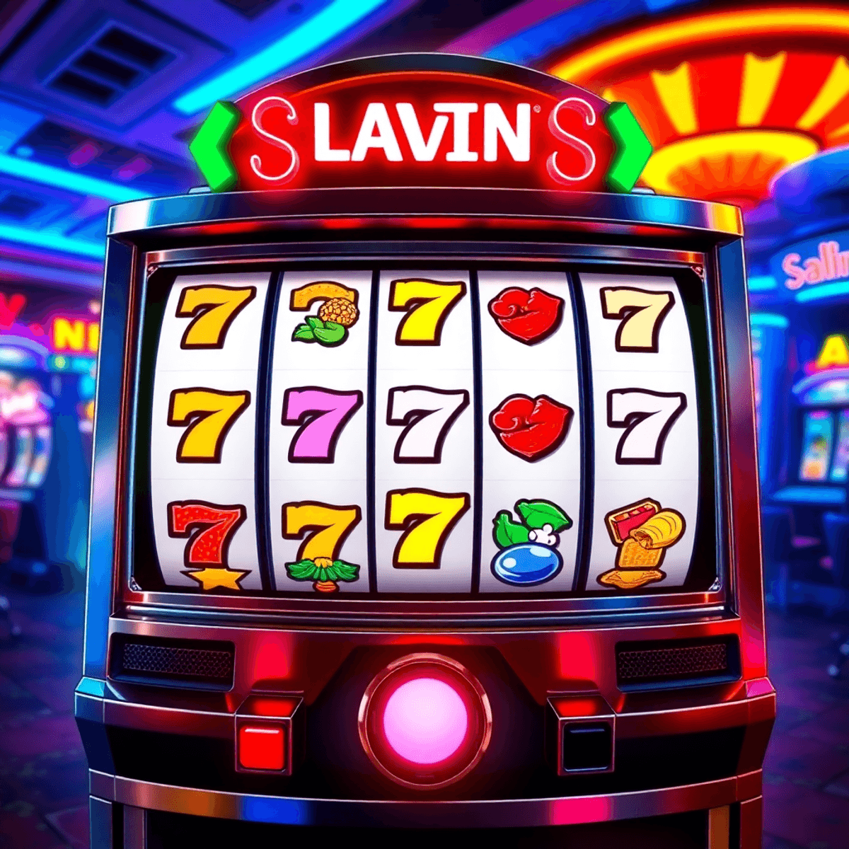 Colorful slot machine with highlighted paylines, spinning reels showing classic and modern symbols, set against a dynamic casino background.