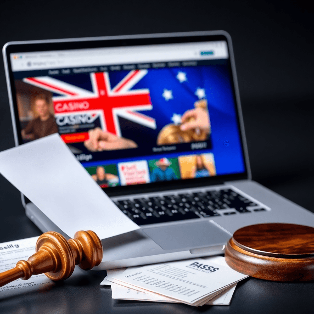 Laptop showing an online casino site next to Australian legal documents and a gavel, symbolizing online gambling regulations and payout disputes.