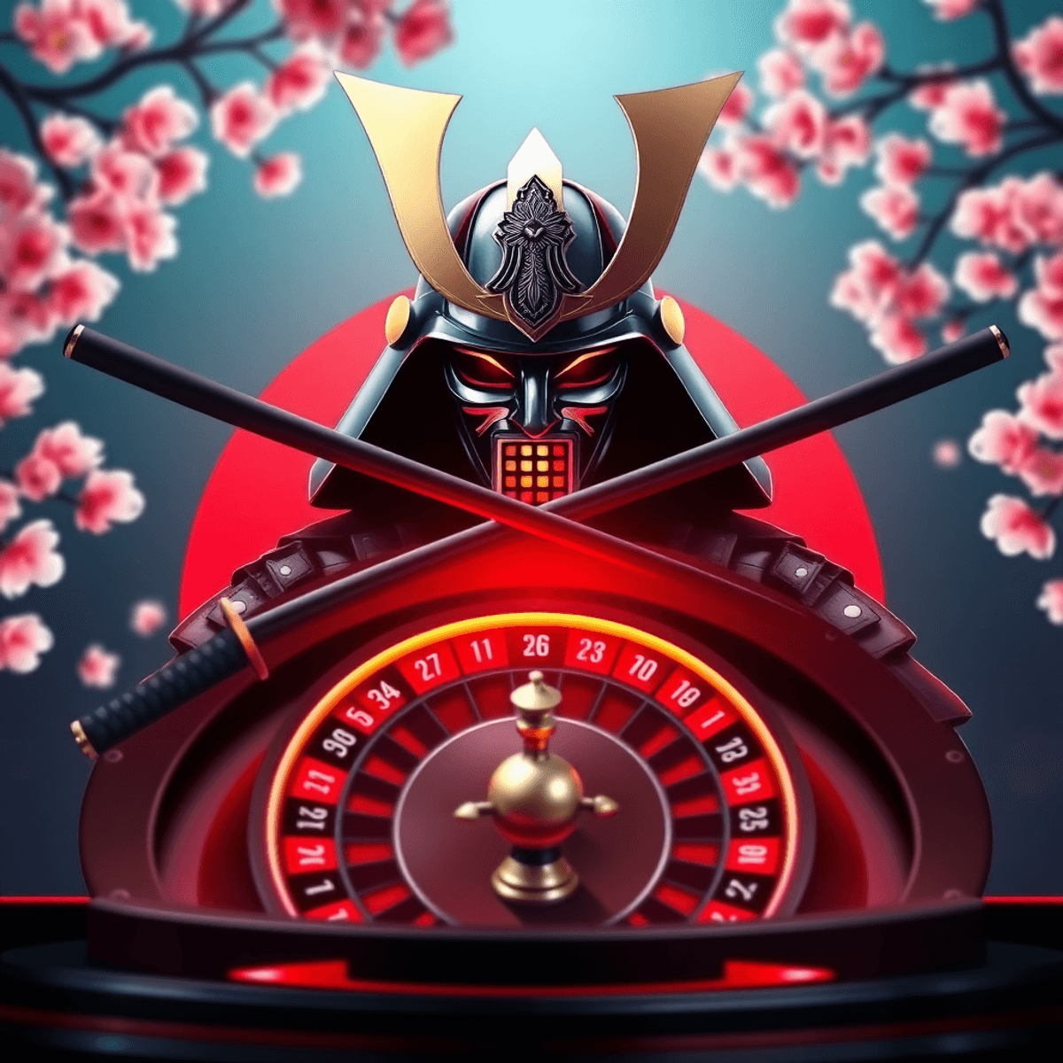 A glowing roulette wheel with a sleek samurai helmet and katana crossed behind it, framed by cherry blossoms in a vibrant casino scene.