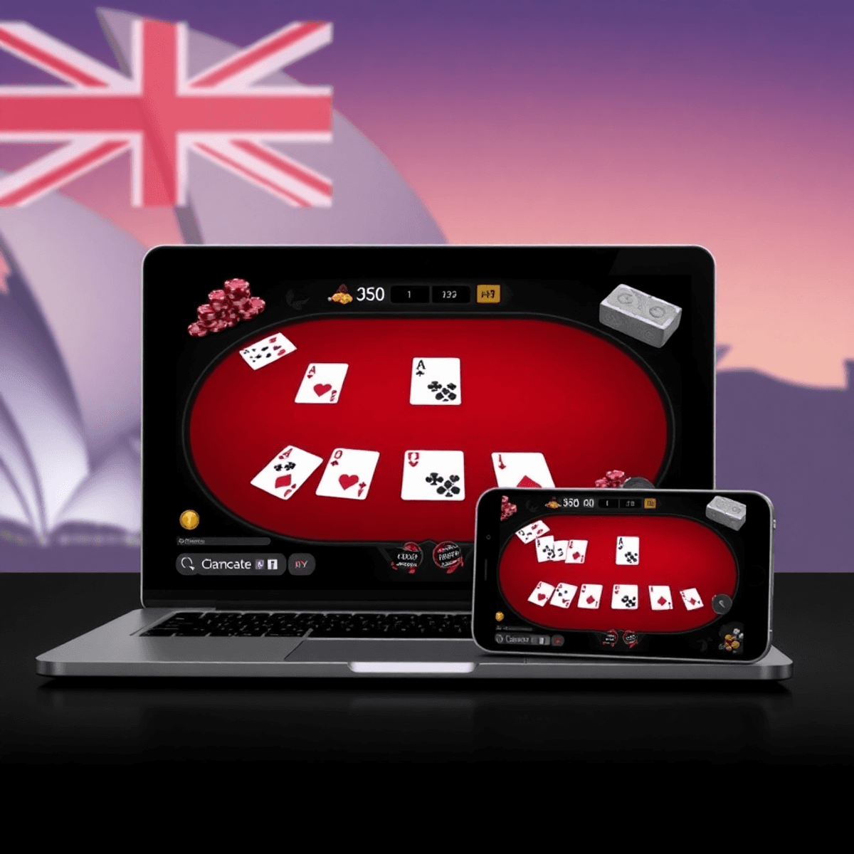 Laptop and smartphone showing a sleek online baccarat game with elegant cards and chips, set against a stylish background featuring the Sydney Opera House silhouette.