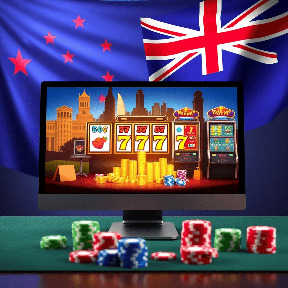 Online casino interface with Australian flag, landmarks, digital slot machines, and poker chips on a sleek computer screen in a realistic style.