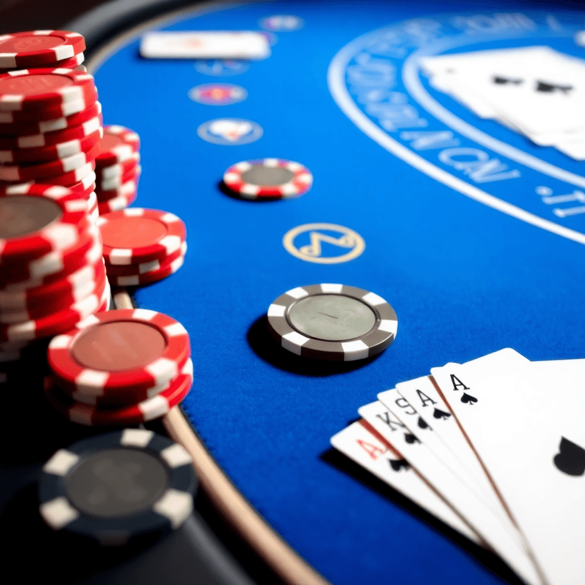Close-up of a blackjack table with playing cards and poker chips, illustrating card counting strategy in a casino.