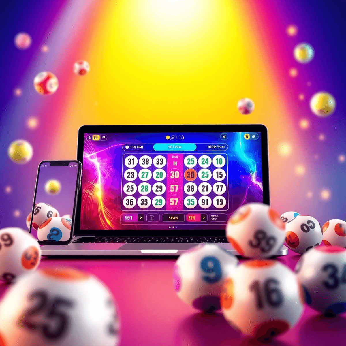 Digital illustration of a modern online keno game on smartphone and laptop with glowing numbers and lottery balls, blending traditional and online gaming.