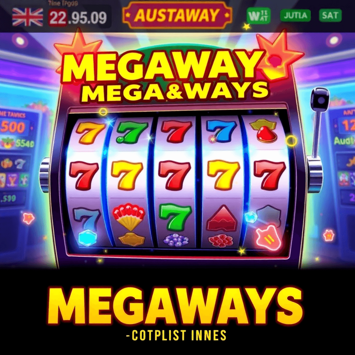 Digital illustration of a Megaways slot machine with colorful spinning reels, multiple wins, and cascading symbols on an Australian-themed casino interface.