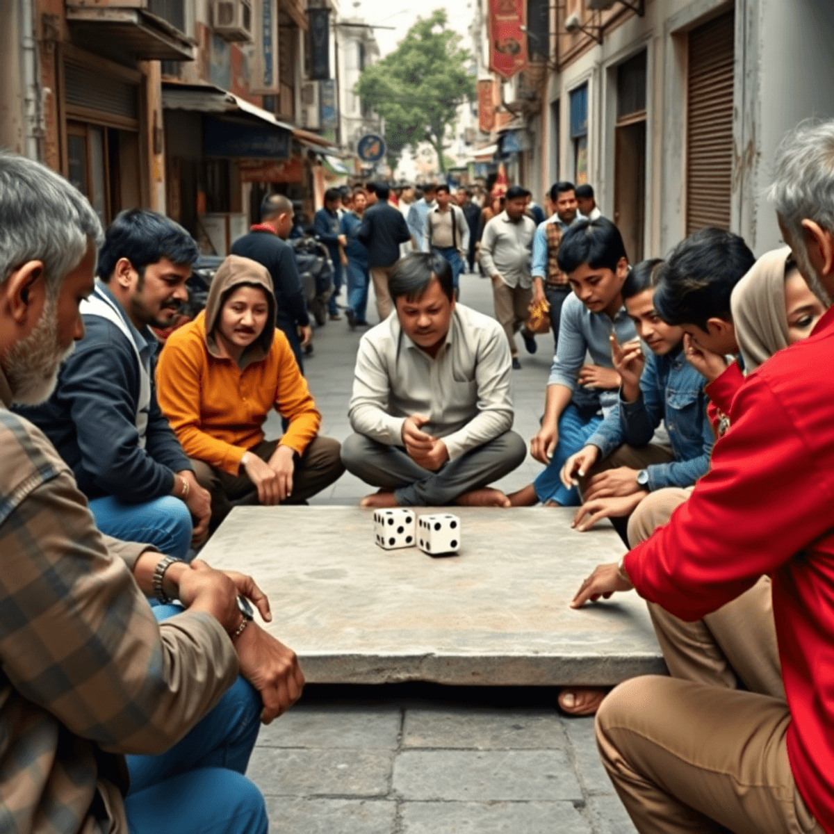 People gathered around a flat surface playing dice outdoors, with two dice rolling in the center, capturing a lively and social street scene.