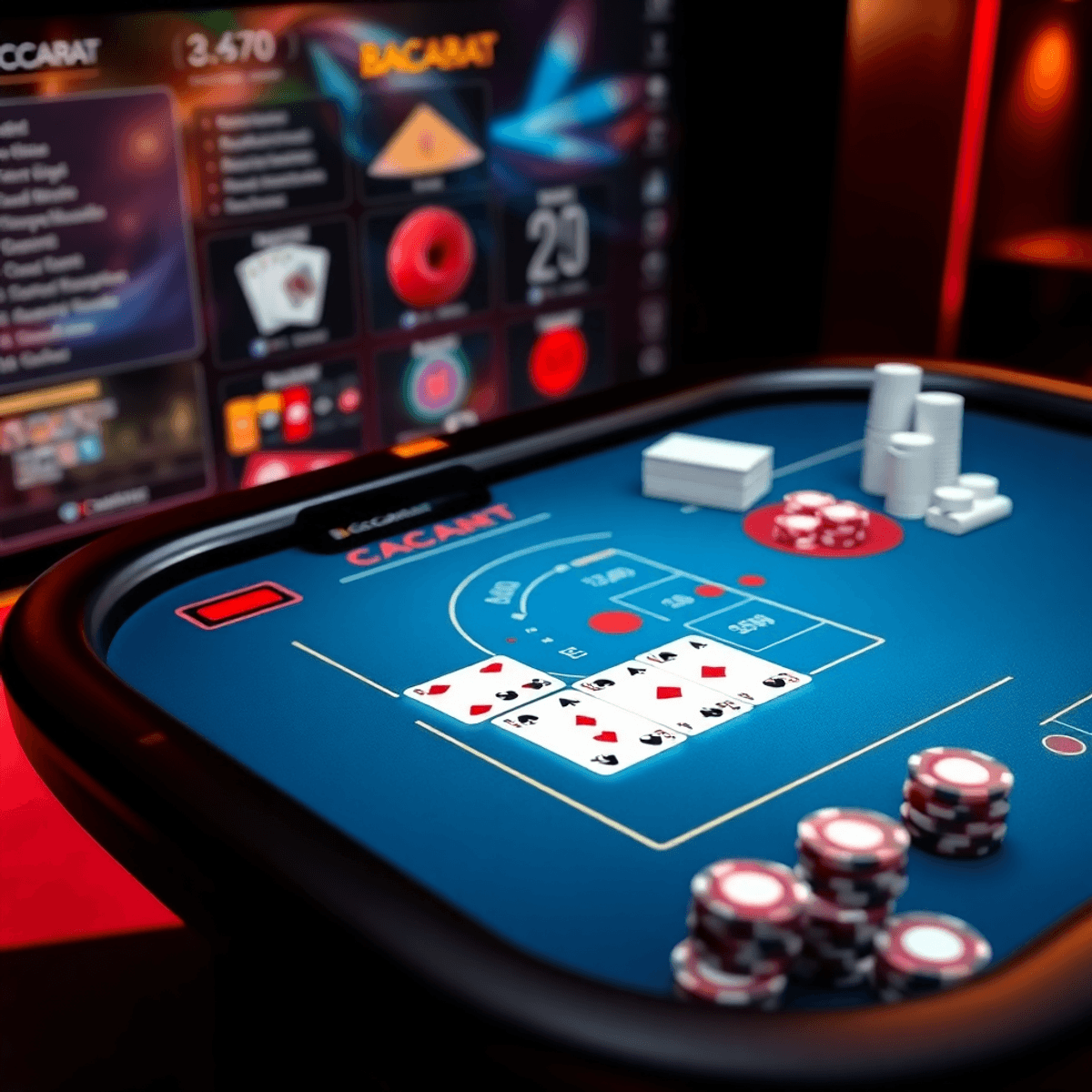 A sleek digital baccarat table with glowing cards and chips on a modern online casino interface background.