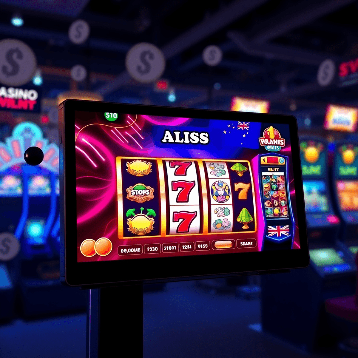 Colorful online casino interface with vibrant slot machines, game icons, and subtle currency symbols on a digital screen, conveying excitement and trust.
