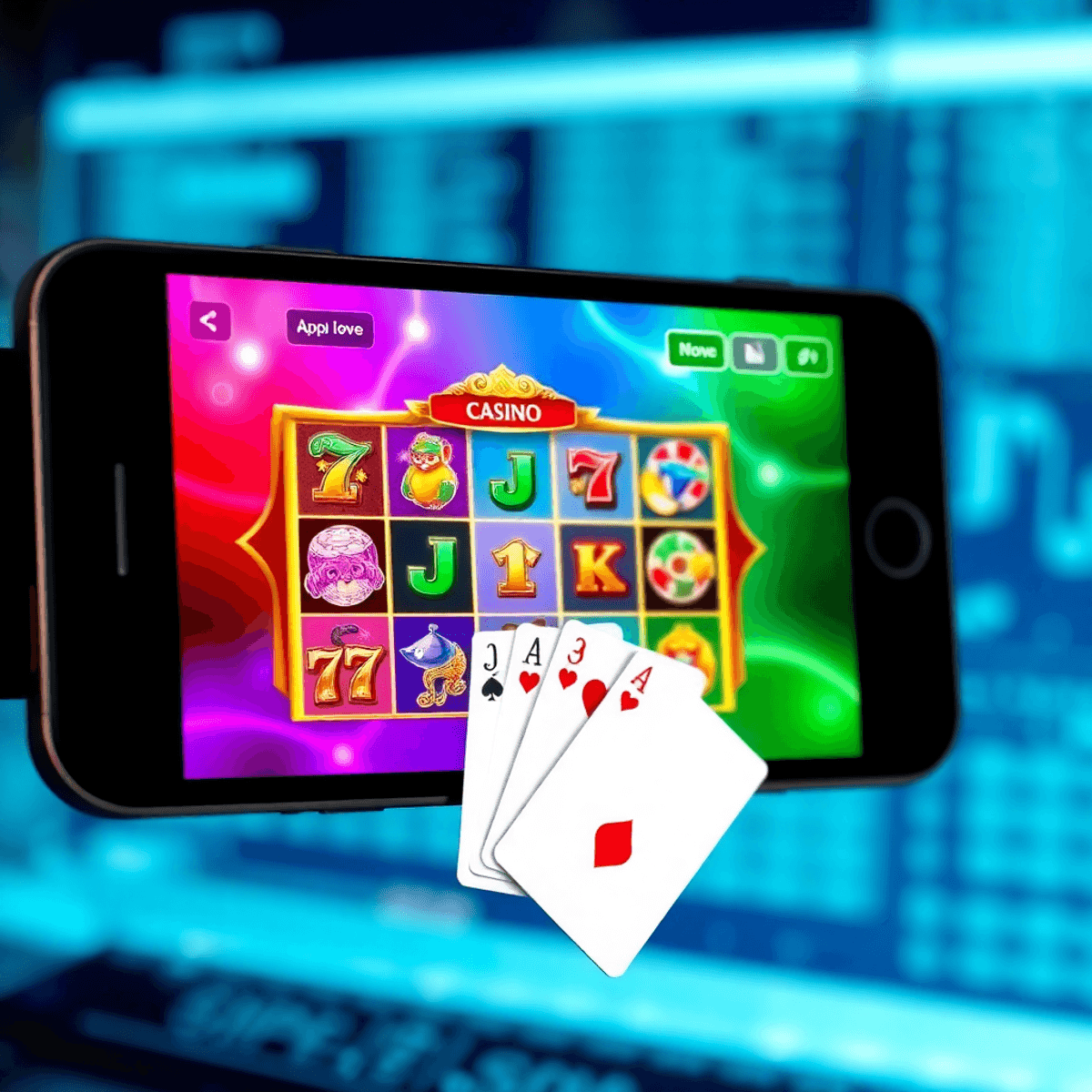 Smartphone showing a vibrant mobile casino app with colorful slot games and poker cards on a modern digital background.