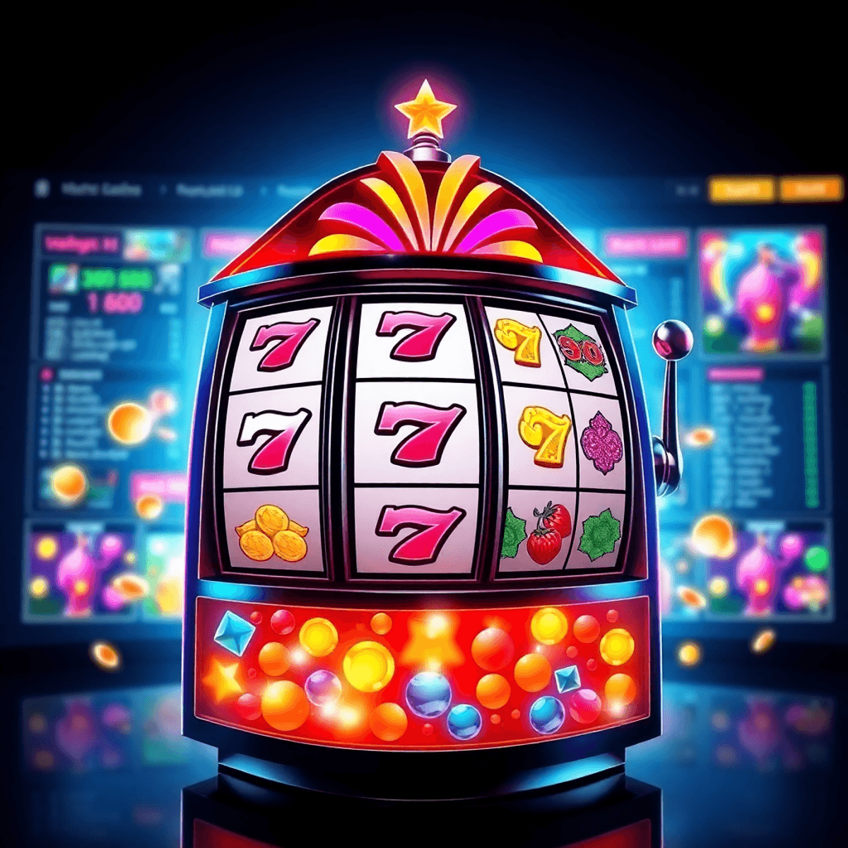 Bright digital slot machine with spinning reels and colorful symbols on a sleek online casino interface, capturing excitement and fun in online pokies gaming.