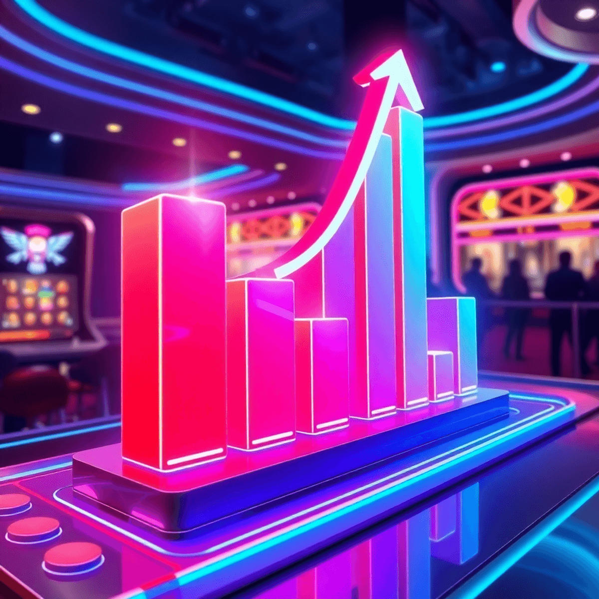 Digital illustration of a rising multiplier graph on a neon-lit gaming interface with a futuristic casino backdrop.