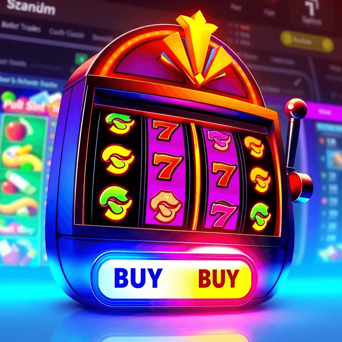 A vibrant digital slot machine with colorful spinning reels and a glowing "Bonus Buy" button on a sleek online casino interface.