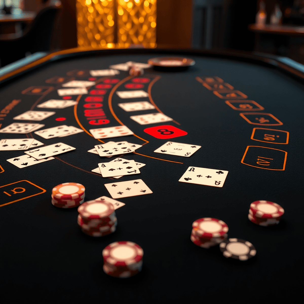 A sleek baccarat table with neatly arranged cards and chips under warm golden lighting, creating a refined and intense casino atmosphere.
