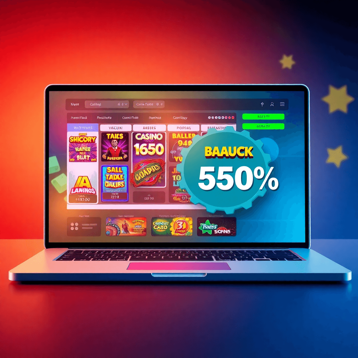 Laptop screen showing colorful online casino games with a cashback bonus icon, set against a sleek Australian-themed background with gambling symbols.