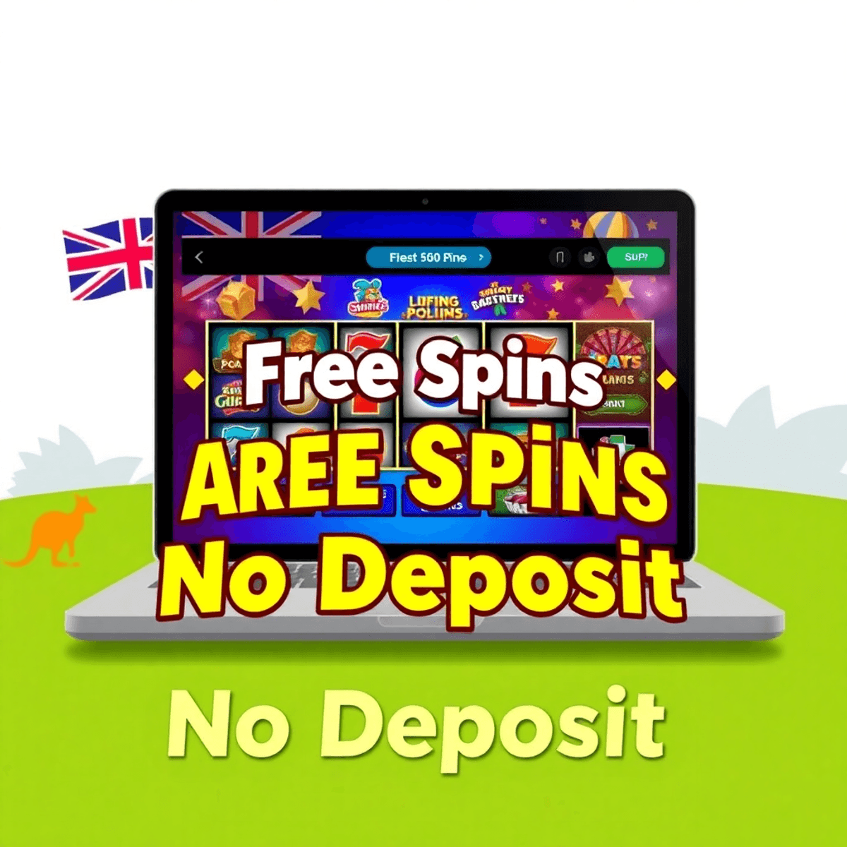 Laptop screen displaying a vibrant online casino interface with colorful pokies, spinning reels, "Free Spins No Deposit" text, and subtle Australian icons in the background.