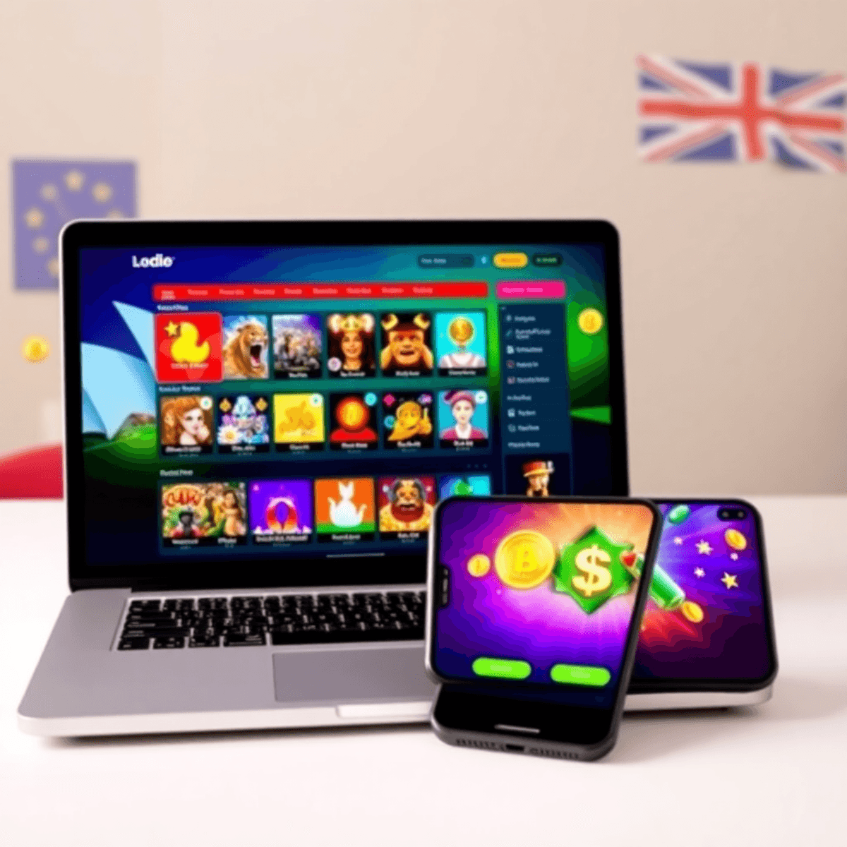 Laptop and smartphone showing a colorful online casino interface with game icons and crypto symbols, set against a background featuring the Sydney Opera House silhouette and dollar signs.