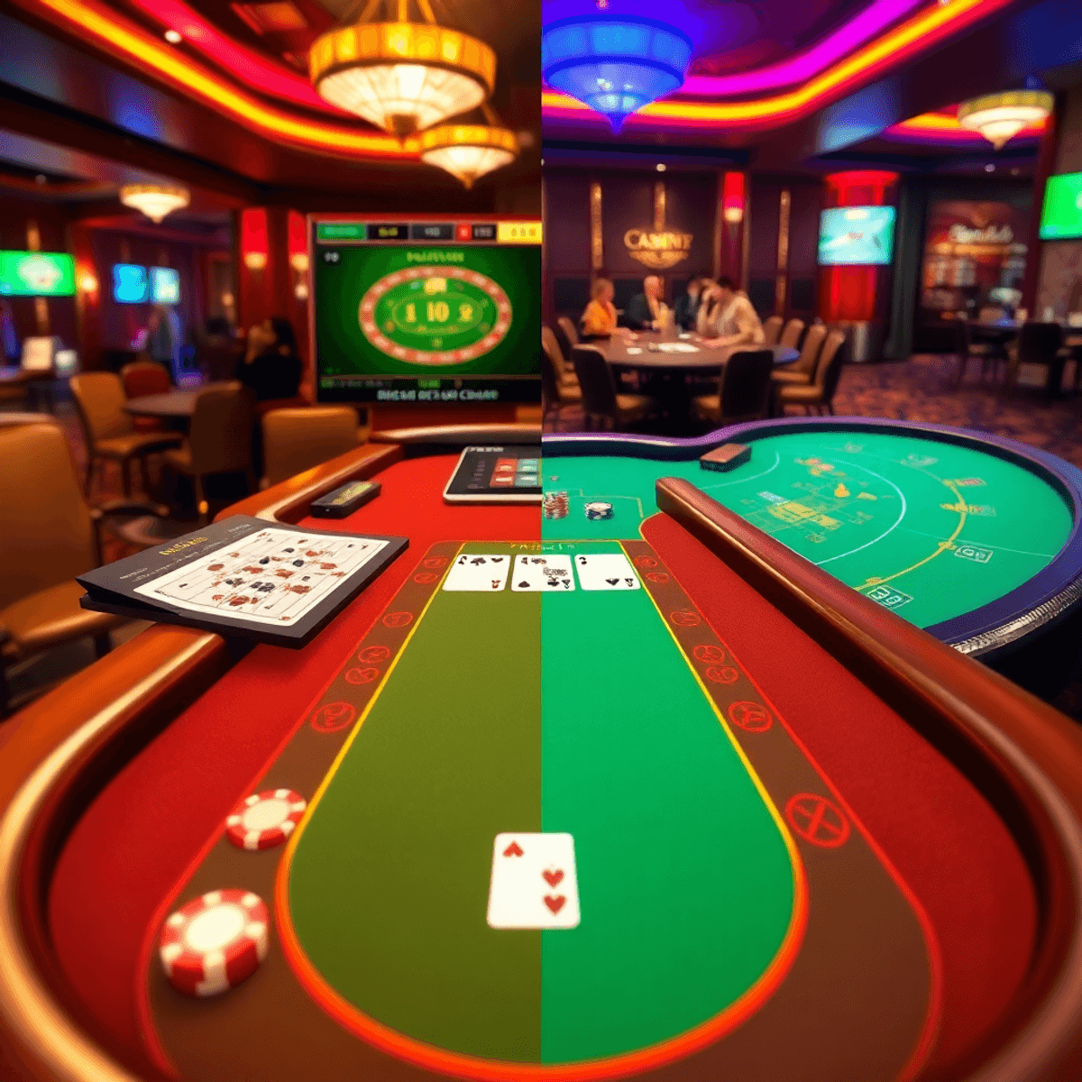 A vibrant blackjack table with cards and chips, split between an online digital interface and a traditional casino setting, showing virtual and physical gameplay.
