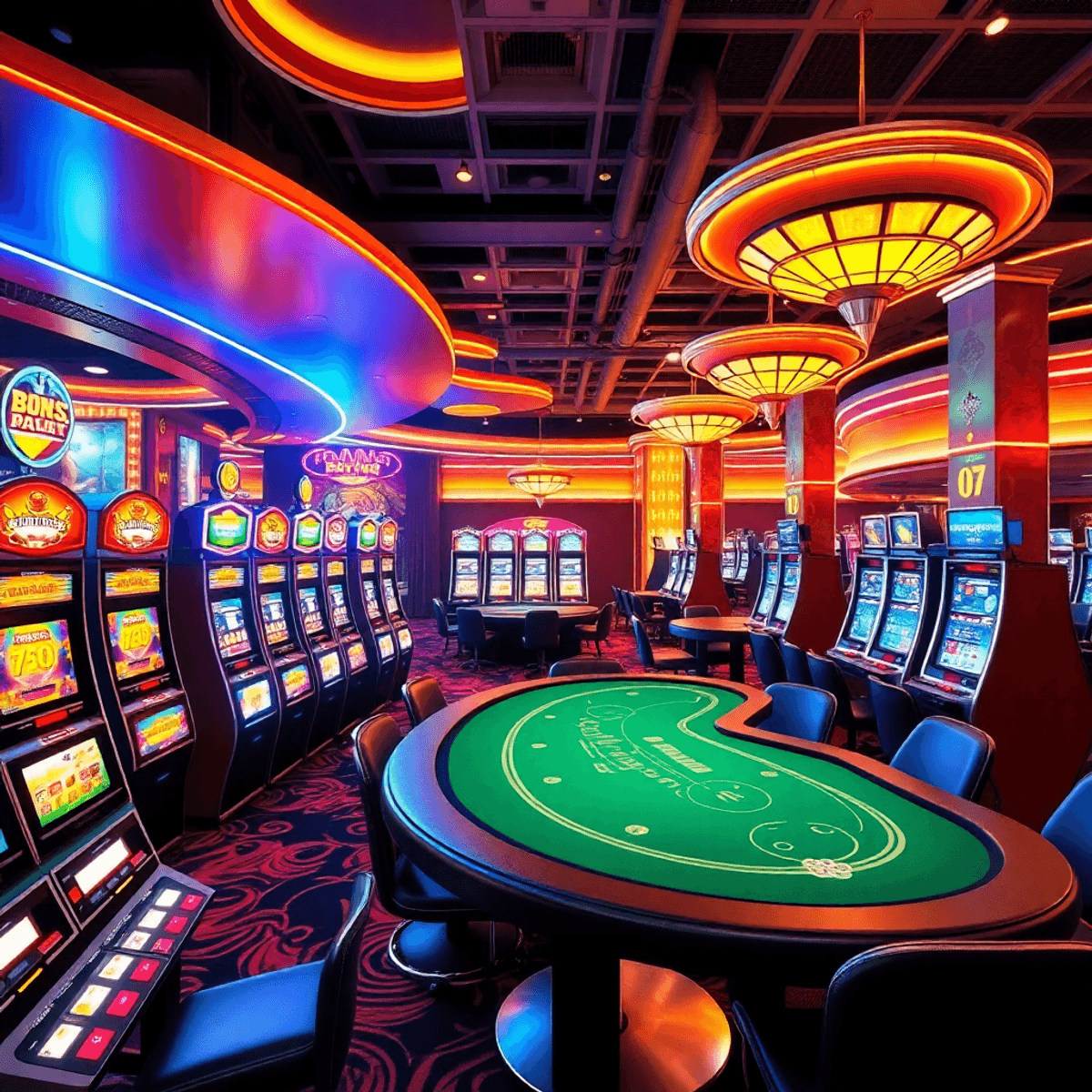 Luxurious casino interior with glowing slot machines, poker tables, and bright lights creating an exciting, immersive atmosphere.