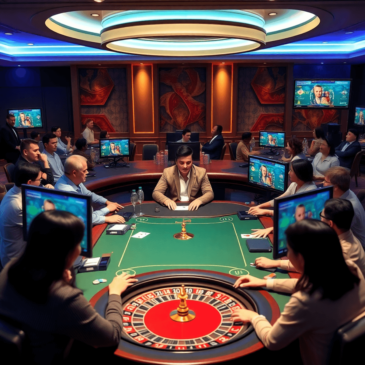 Live online casino scene with players interacting with a dealer on screens, surrounded by digital blackjack, roulette, and poker chips in a realistic style.