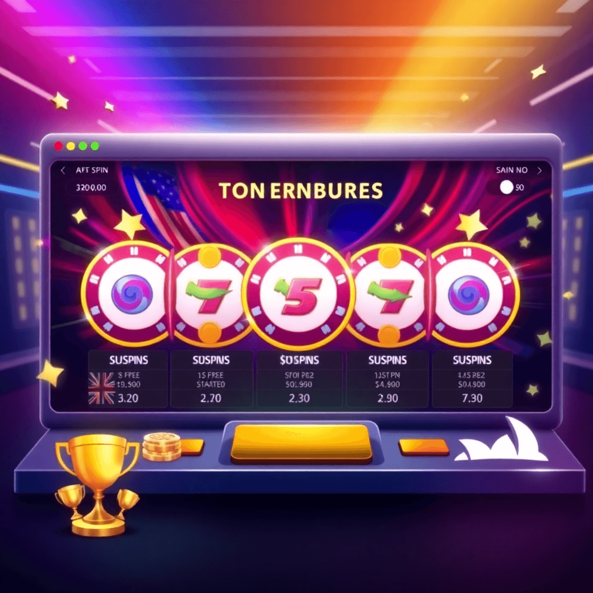 Digital illustration of an online casino leaderboard with spinning slot reels, free spin icons, trophies, and subtle Australian-themed elements in a sleek interface.