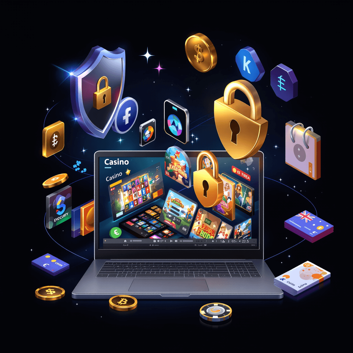 Digital illustration of a laptop showing casino games, surrounded by security icons, credit cards, cryptocurrency, and currency notes on a dark background.