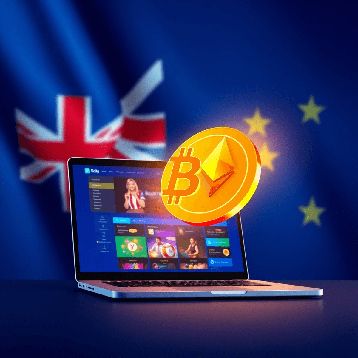 Glowing Bitcoin and Ethereum coins hover above a laptop showing an online casino, set against Australian flag colors with blockchain patterns.