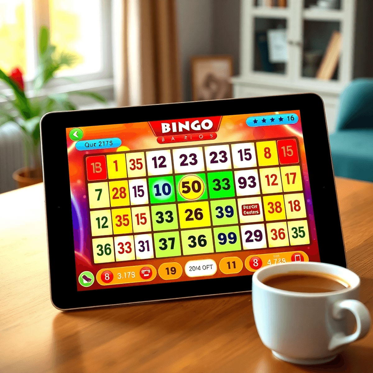 Tablet displaying a colorful digital bingo game with bingo cards and numbers, set on a cozy table with a cup of coffee in a home environment.