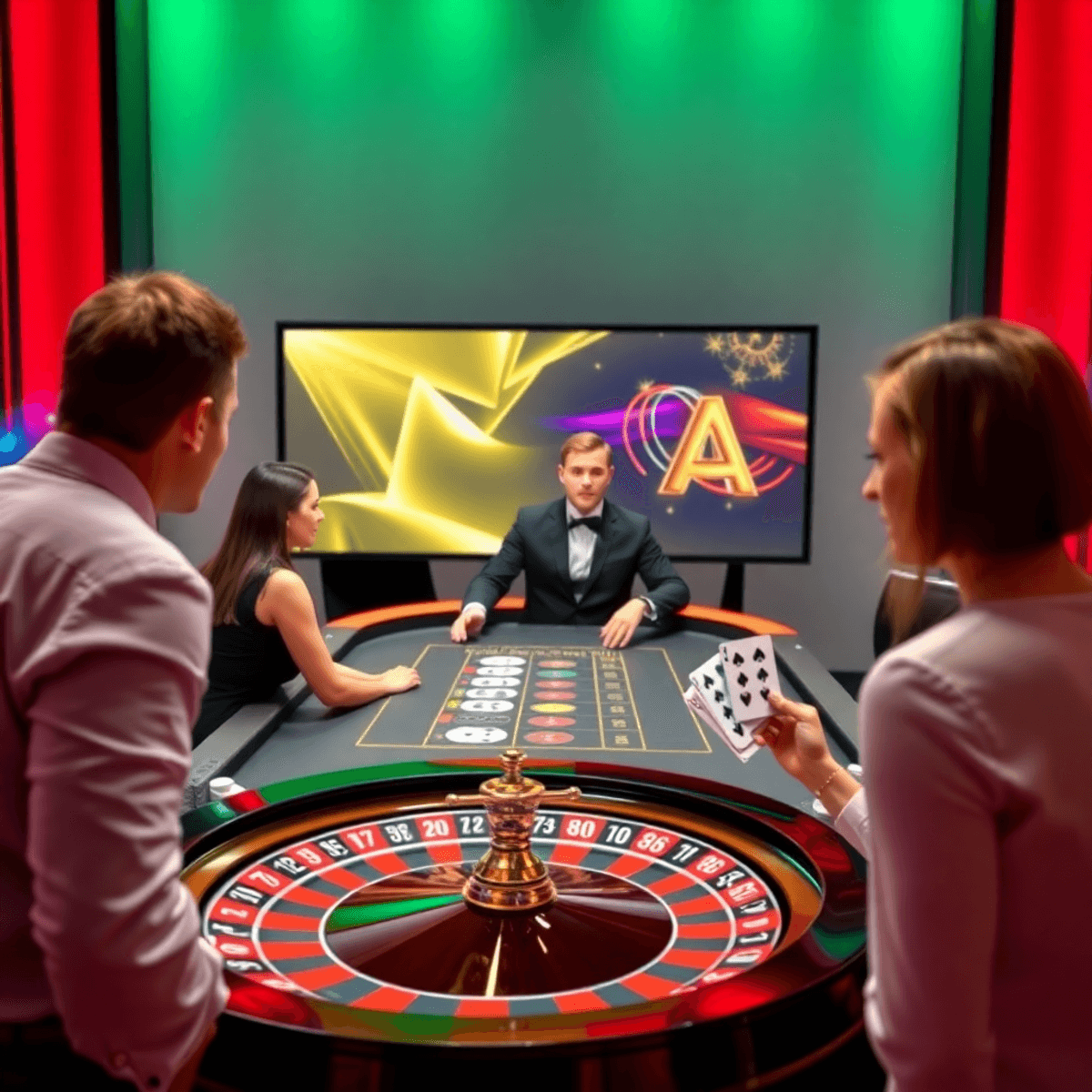 Modern live casino studio with dealer, roulette wheel, cards, and digital interface, highlighting an interactive online gaming experience.