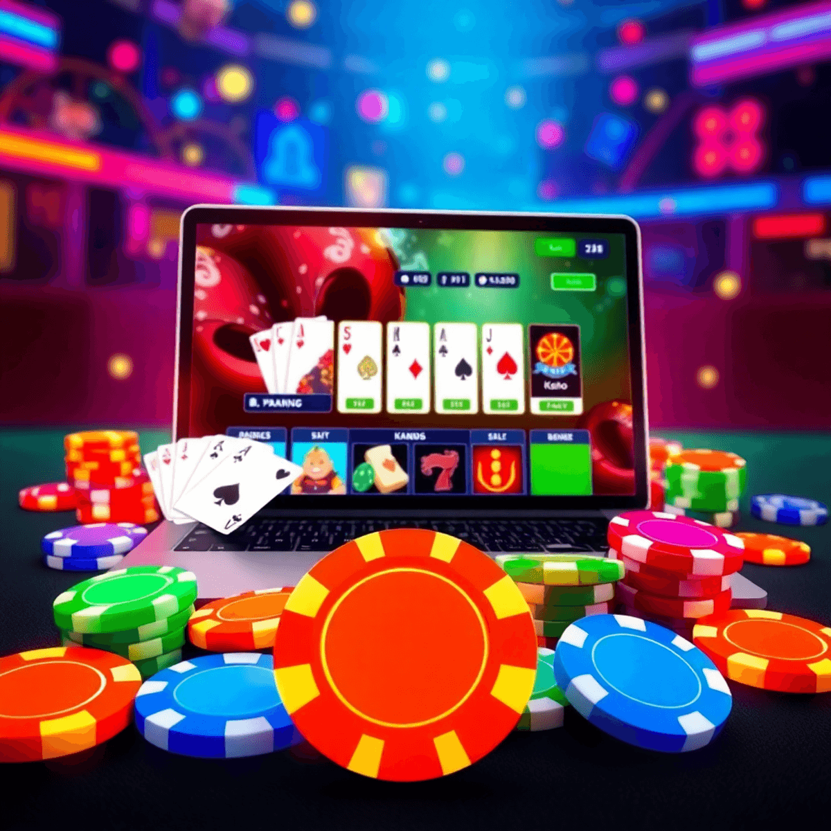 A glowing laptop screen shows poker, blackjack, and keno games surrounded by colorful chips and cards in a vibrant digital casino scene.