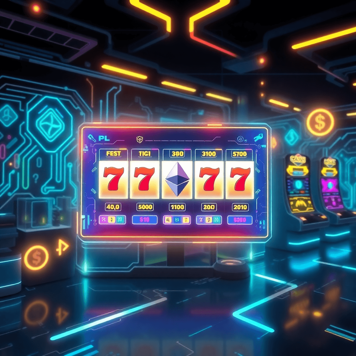 Futuristic online casino interface with glowing digital elements, sleek slot machines, AI symbols, and cryptocurrency icons on a high-tech background.
