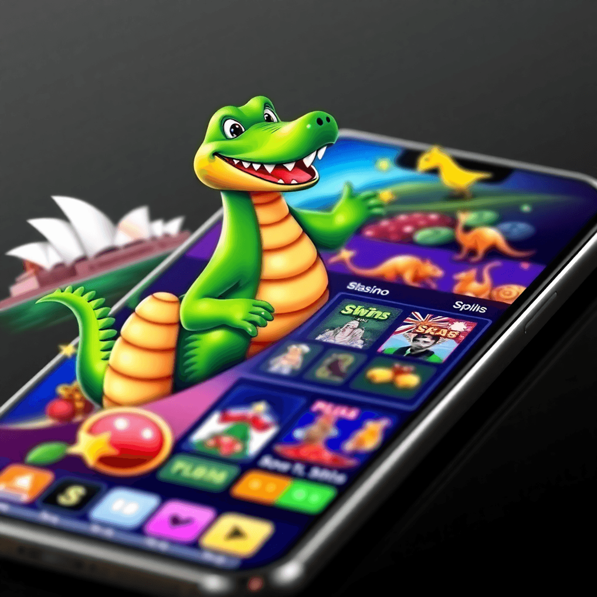 Mobile screen showing a vibrant online casino with a playful crocodile mascot, Australian symbols, colorful slot reels, and digital gaming icons.