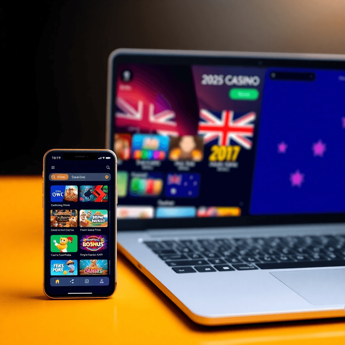 Smartphone and laptop showing the latest online casino interface with vibrant game icons, bonus offers, and subtle Australian-themed background elements.