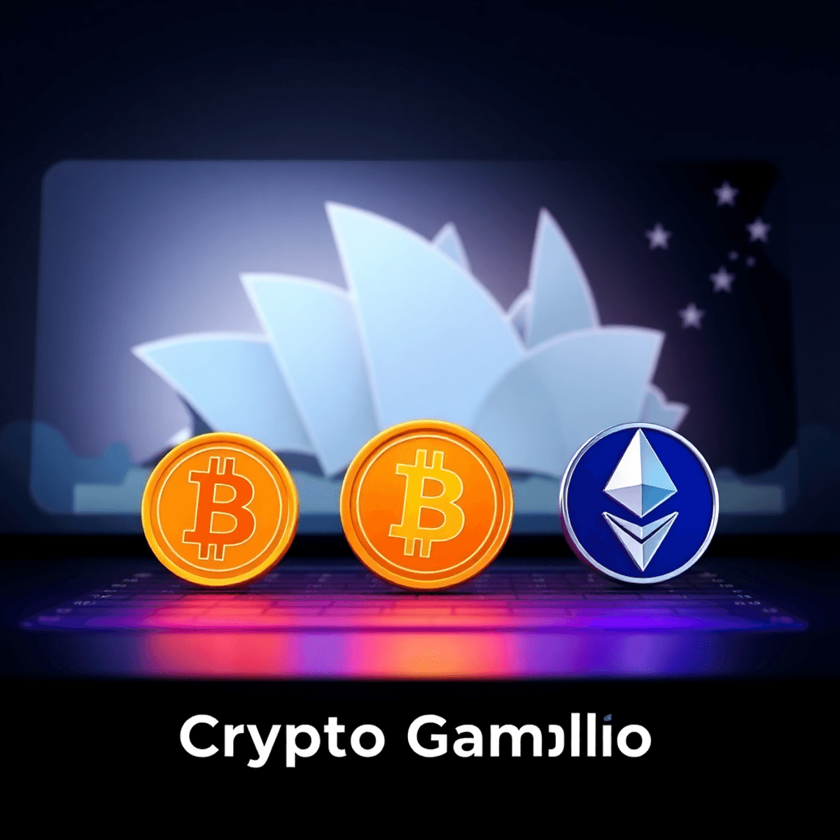 Sleek digital casino interface with glowing Bitcoin and Ethereum symbols, Sydney Opera House silhouette, and a map of Australia, highlighting secure online crypto gambling.
