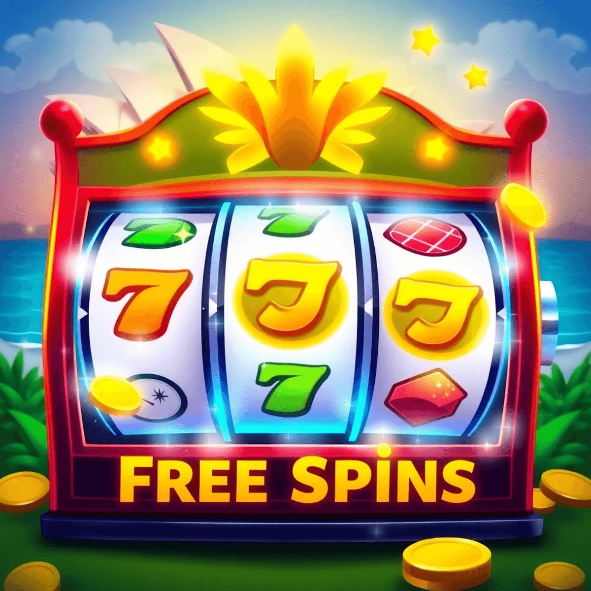 Colorful digital illustration of a realistic online casino slot machine with spinning reels, glowing free spins icons, and the Sydney Opera House in the background.
