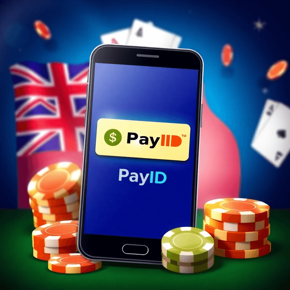 Smartphone showing fast payment notification with PayID logo, set against an Australian-themed background with poker chips and playing cards.