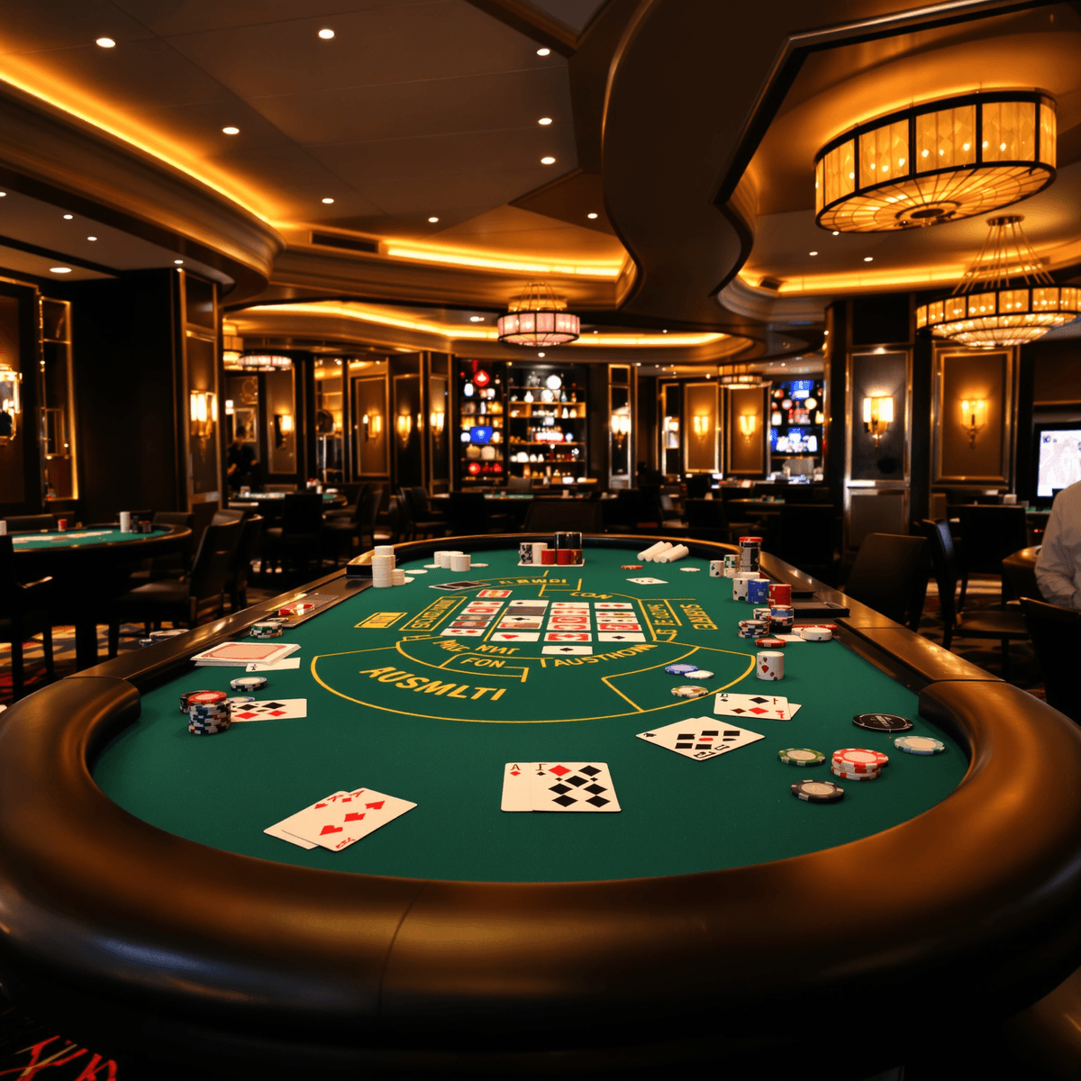 Luxurious casino interior with a high-stakes poker table, elegant chips and cards, warm ambient lighting, and a sophisticated VIP gambling atmosphere.