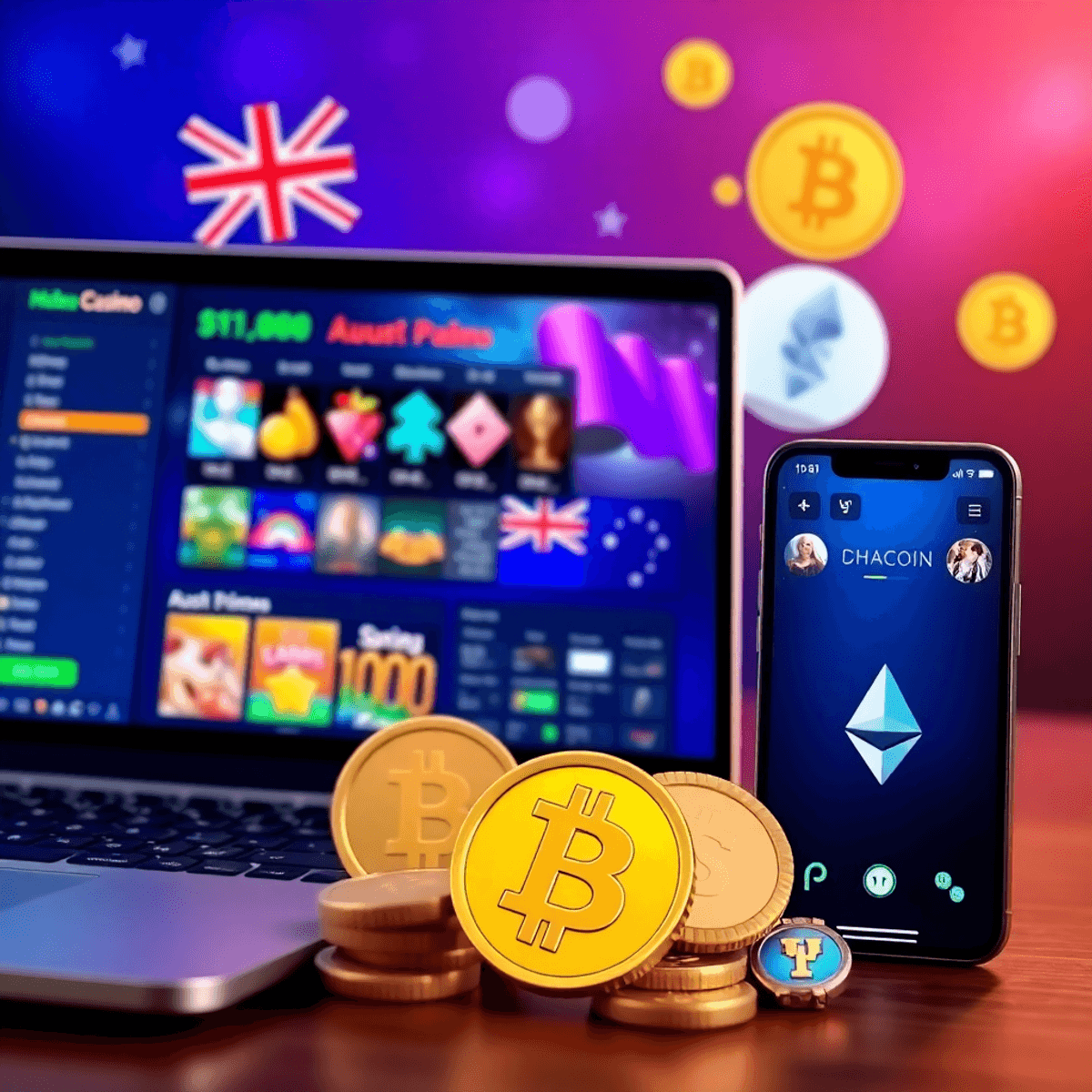 Laptop and smartphone showing a vibrant online casino with colorful game icons, Australian currency symbols, and digital cryptocurrency logos in a sleek, modern design.