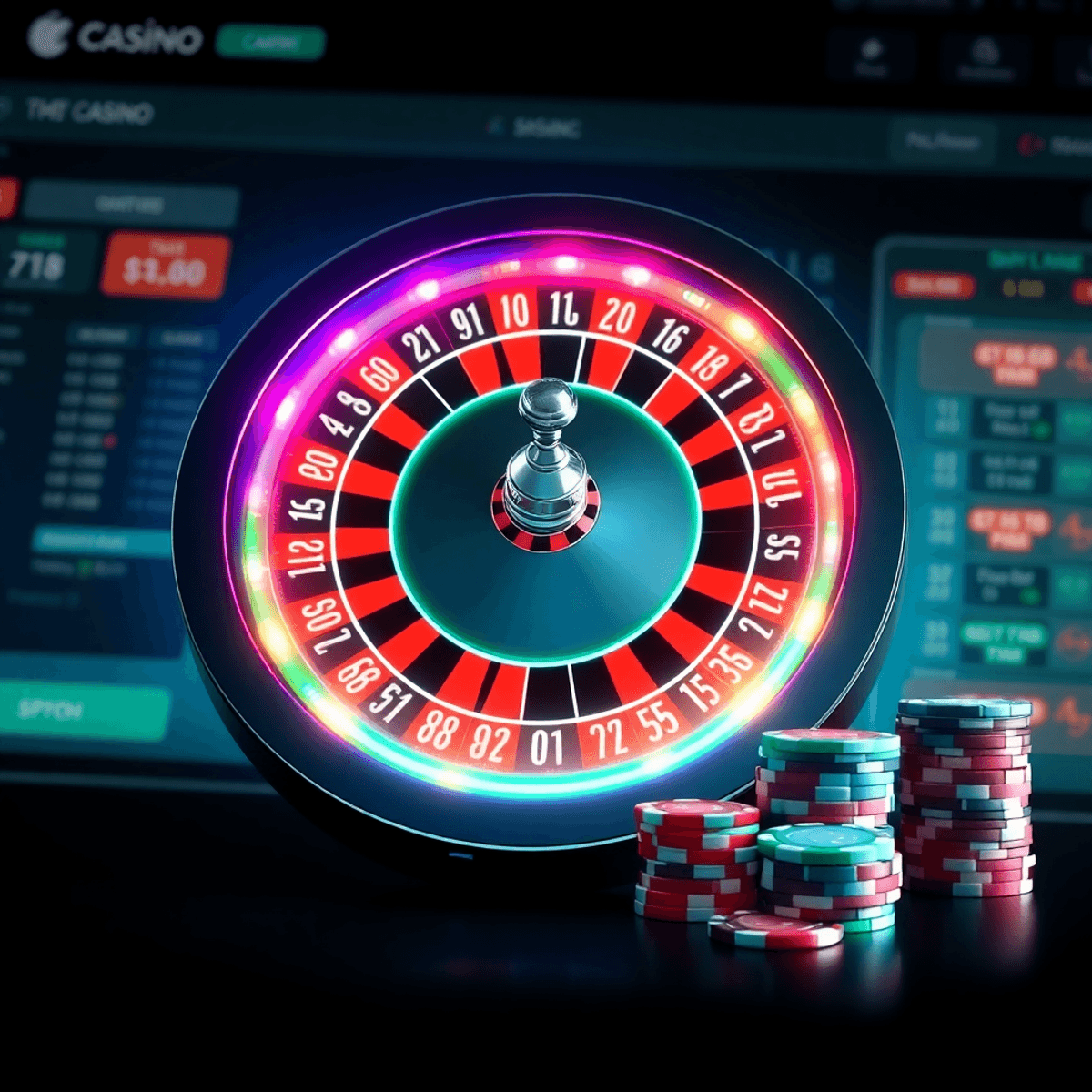 A realistic digital roulette wheel spinning with glowing numbers and colorful casino chips on a sleek modern online casino interface.