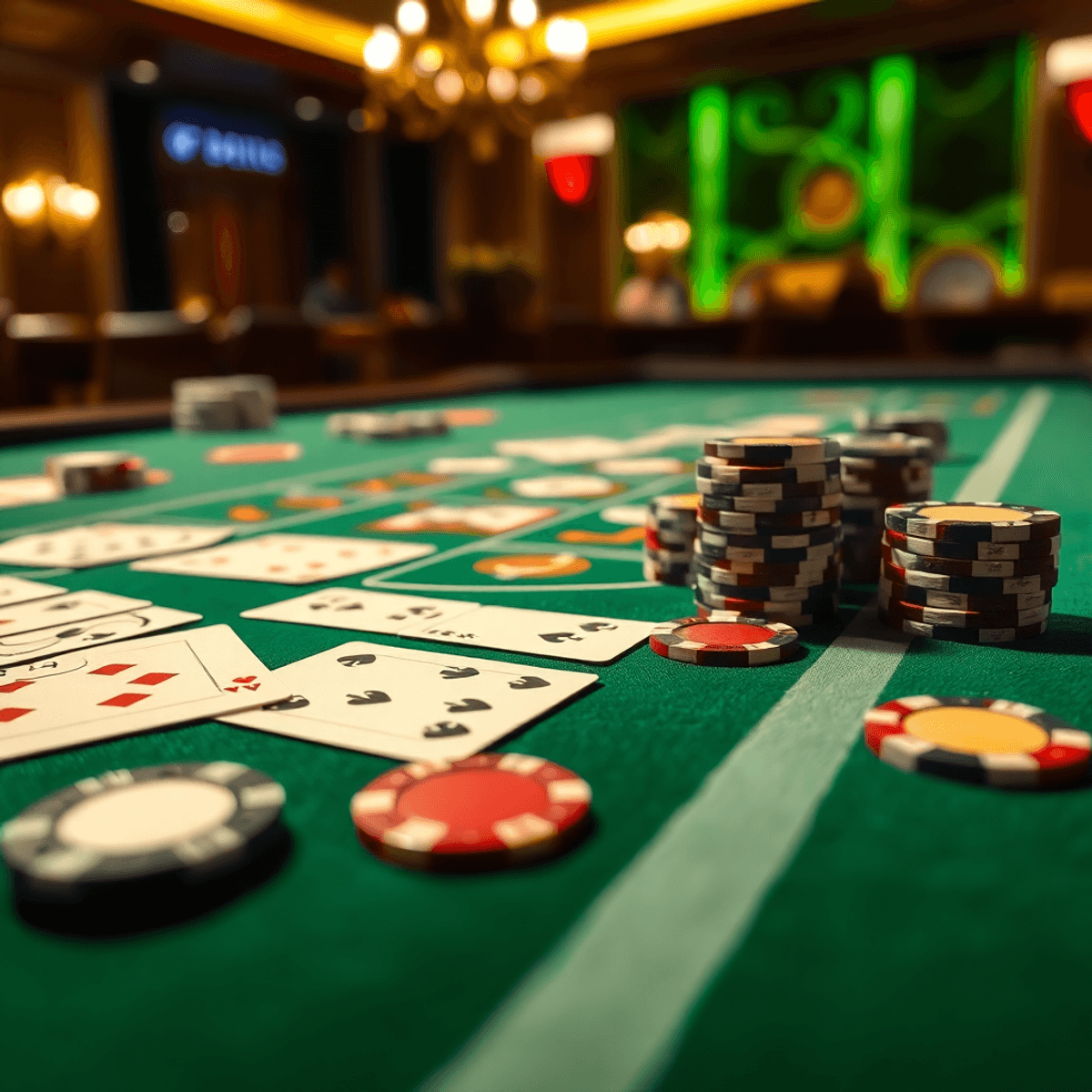 Close-up of a blackjack table with cards and chips on green felt, illuminated by elegant lighting in a classic casino setting.
