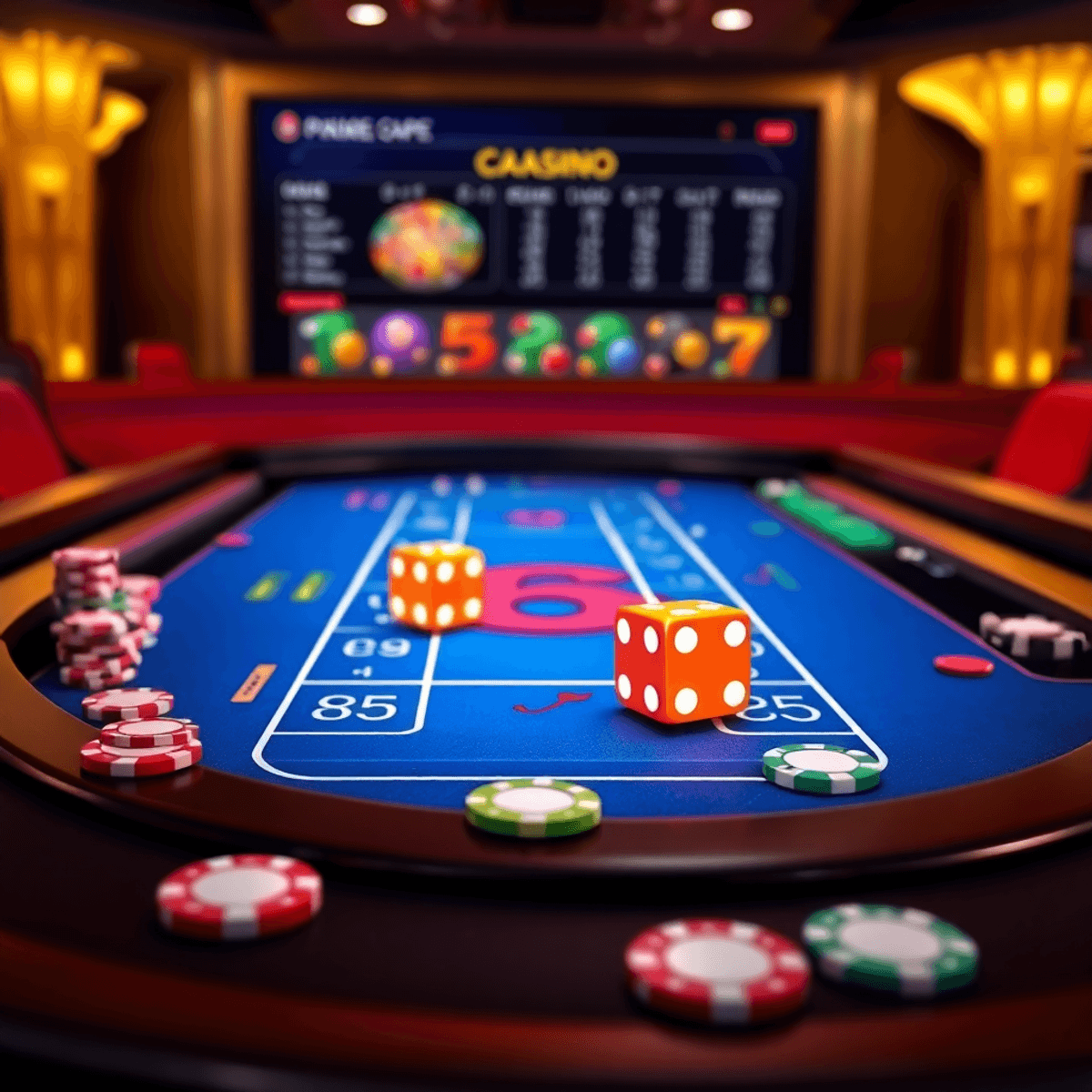 Digital craps table with glowing dice mid-roll, colorful chips scattered, and a sleek online casino interface in the background.