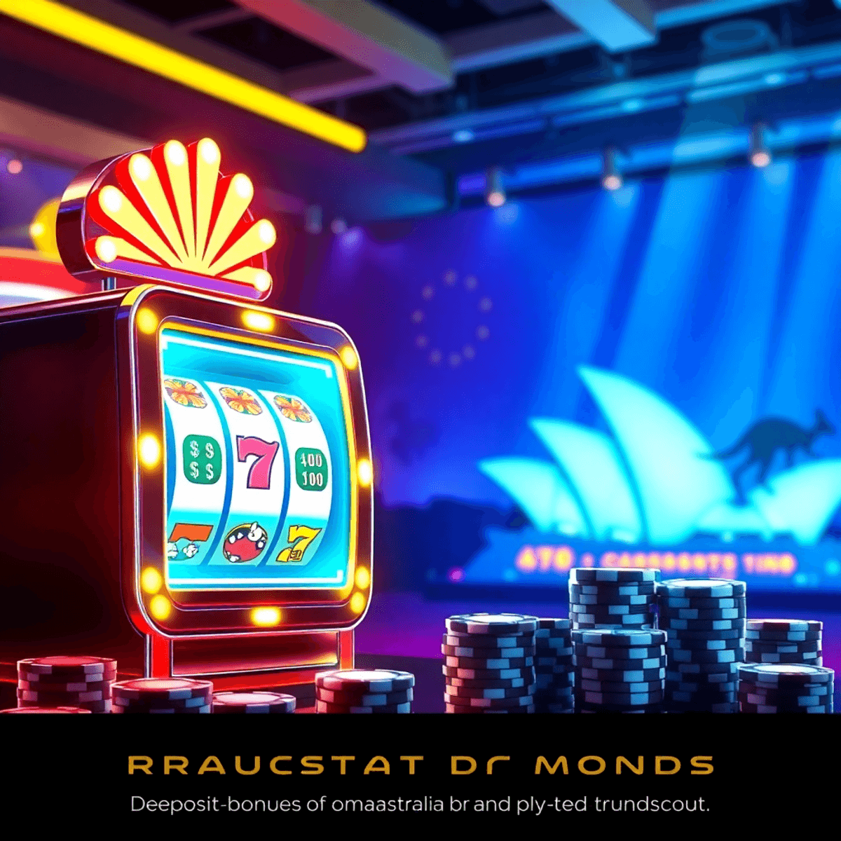 Glowing digital slot machine and poker chips with kangaroo silhouette and Sydney Opera House in vibrant, dynamic online casino deposit bonus scene.