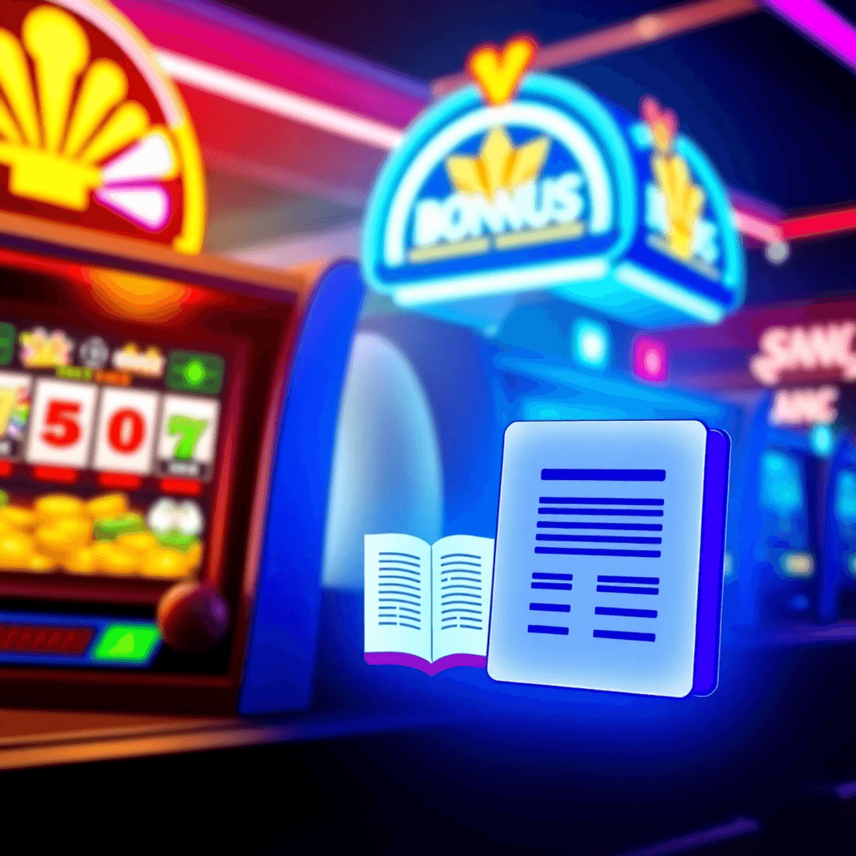 A vibrant online casino scene with a glowing bonus chip, spinning slot machine, and digital contract icon in bright, modern colors.