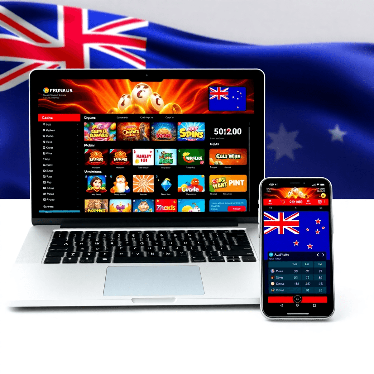 Laptop and smartphone showing a vibrant online casino interface with colorful game icons and a subtle Australian flag in the background.