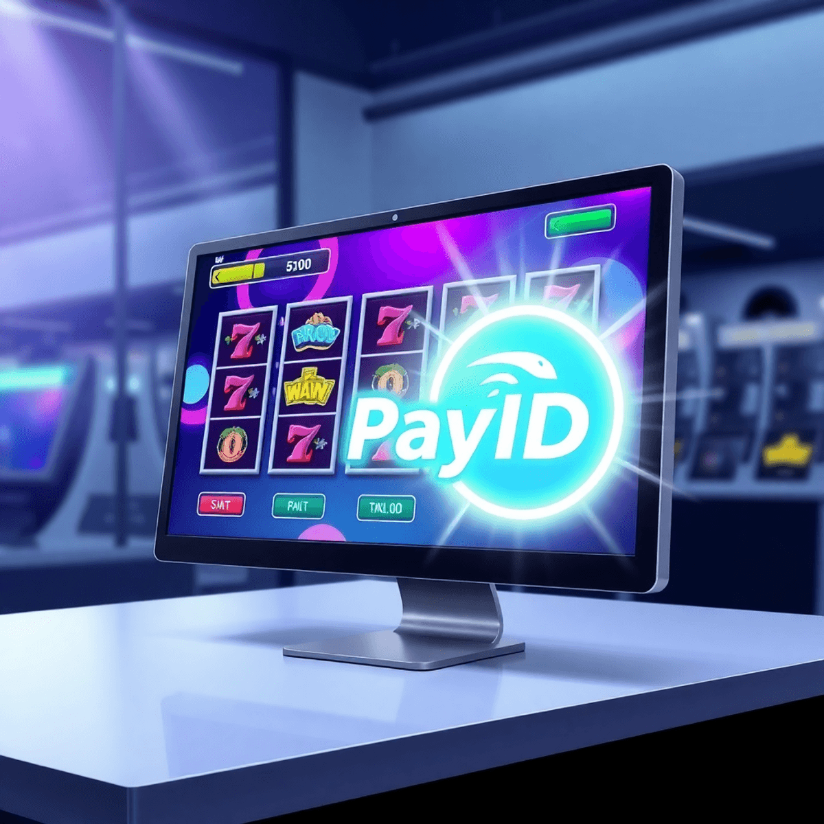 Digital illustration of an online casino interface with colorful slot machines and a glowing PayID logo on a sleek computer screen.