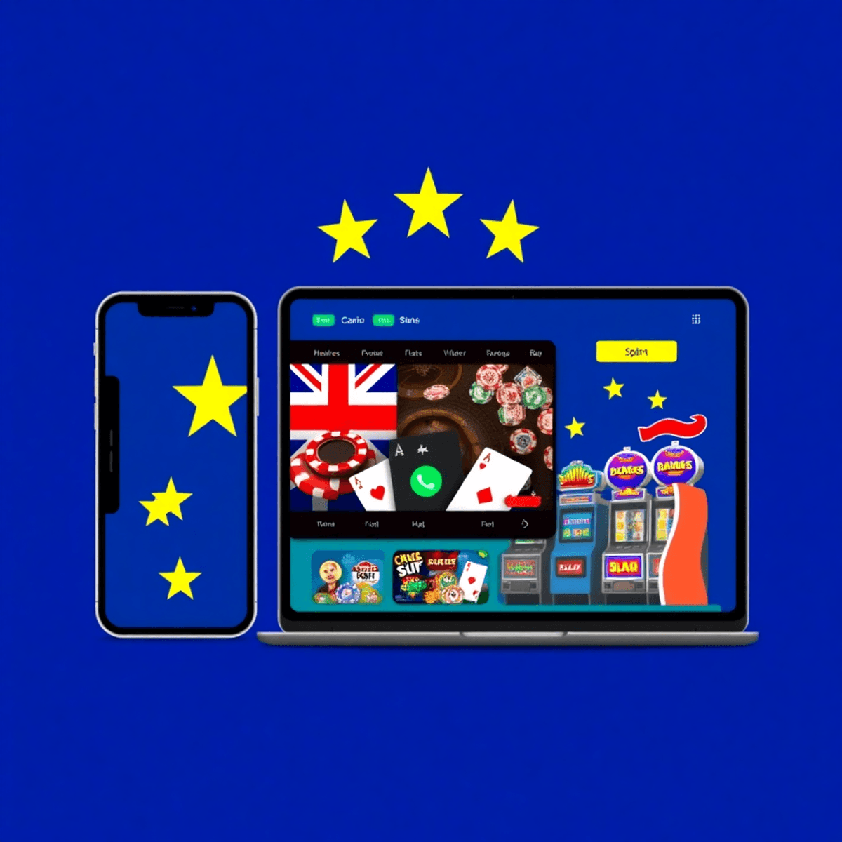 Digital illustration of a modern online casino interface on smartphone and laptop, showing colorful game icons with an Australian flag backdrop.