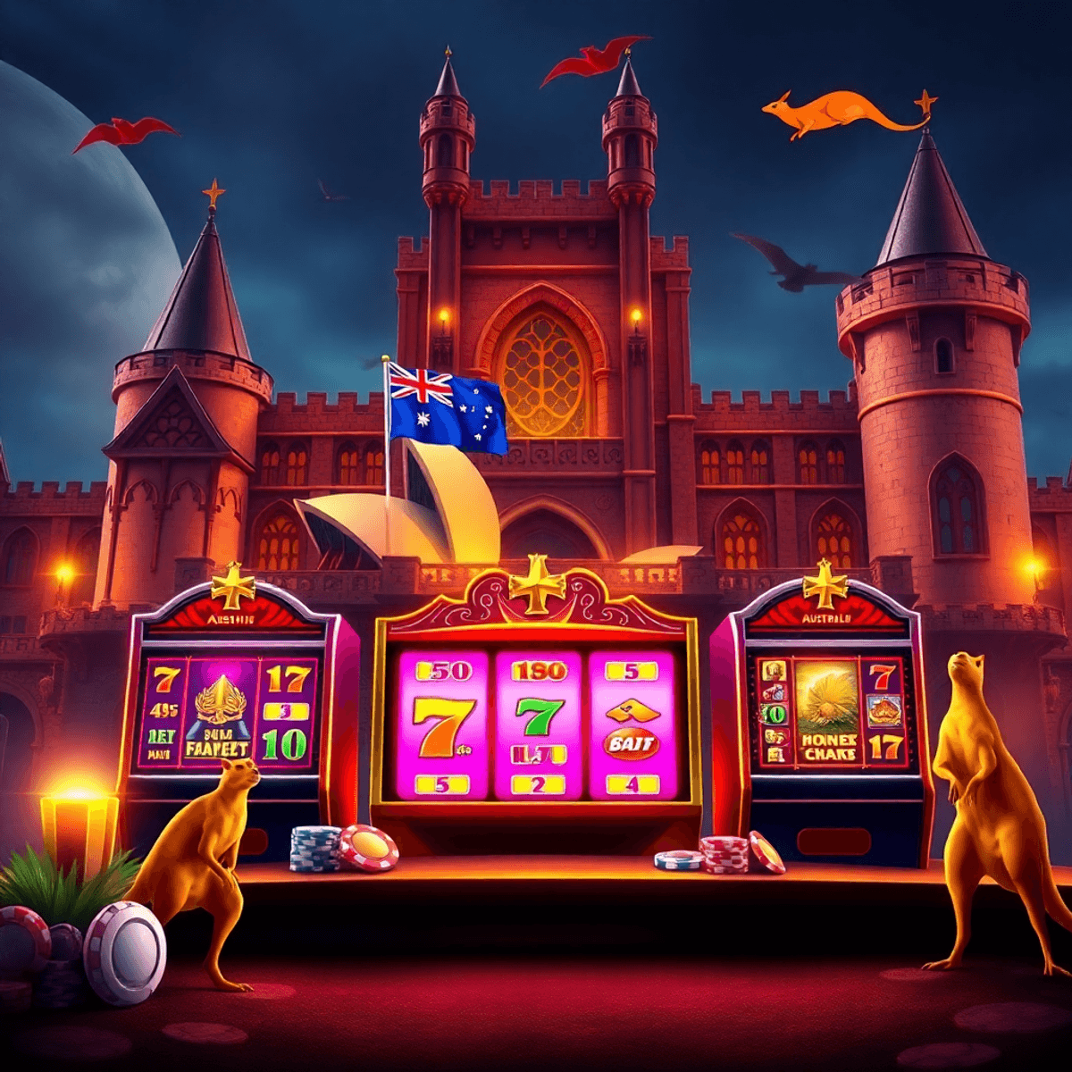Medieval-themed online casino interface with glowing slot machines, poker chips, Sydney Opera House, kangaroos, and a regal castle backdrop in a realistic style.