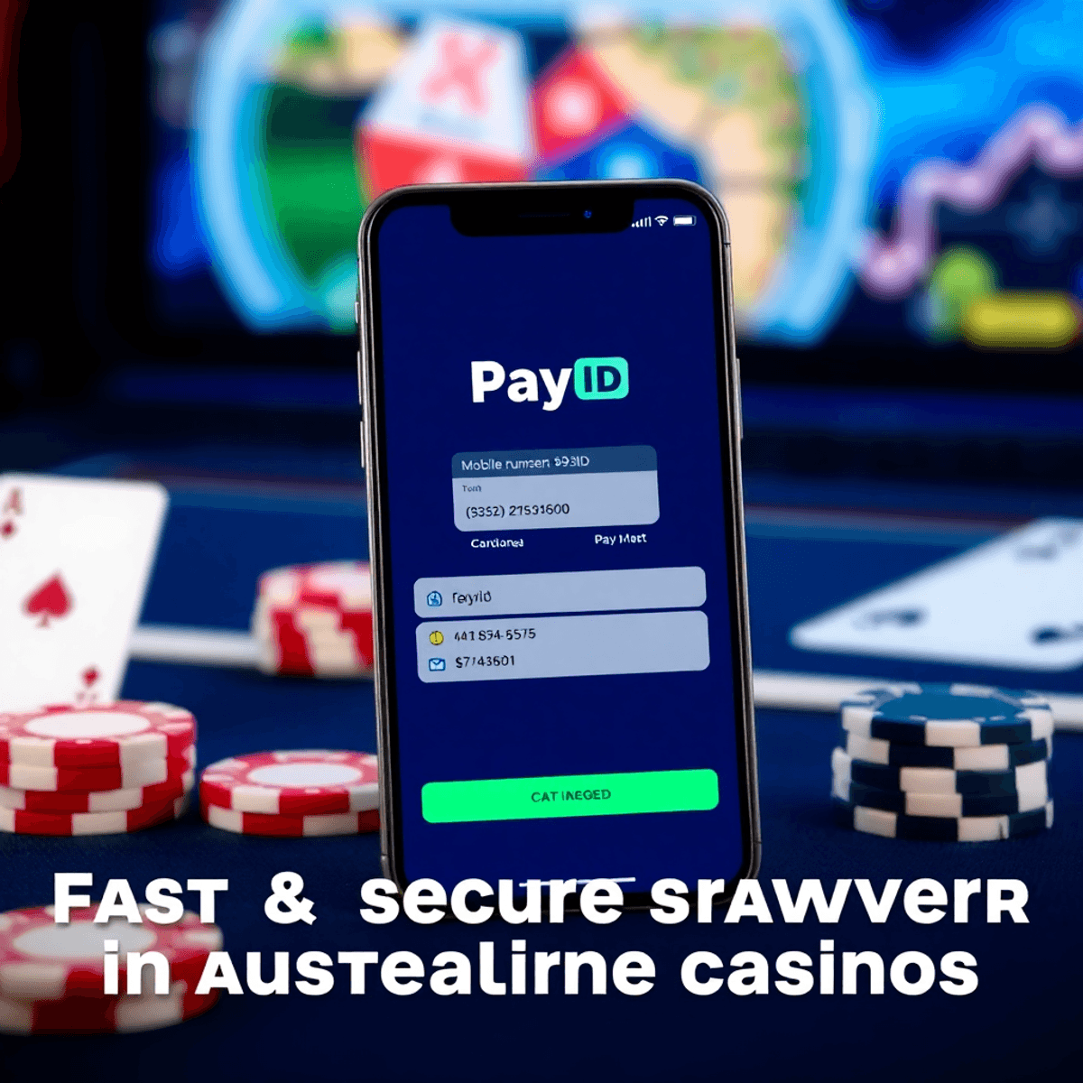 Smartphone displaying PayID app with icons for phone, email, and business numbers, overlaid on a subtle online casino background with poker chips and cards.