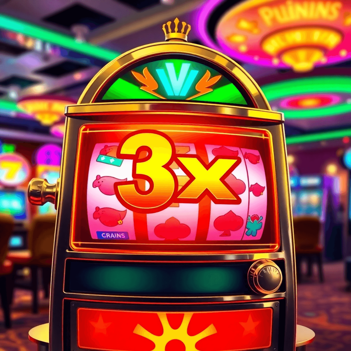 A realistic vibrant slot machine with colorful spinning reels, winning symbols, and a glowing multiplier icon, set against a lively casino background with bright lights.