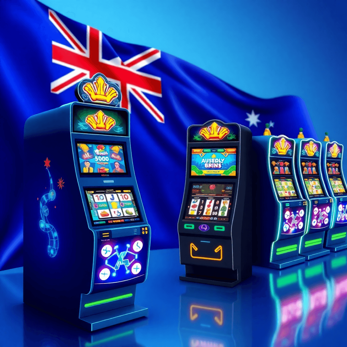 Digital illustration of modern pokies machines, mobile slot games, and VR elements with a subtle Australian flag background in a realistic style.