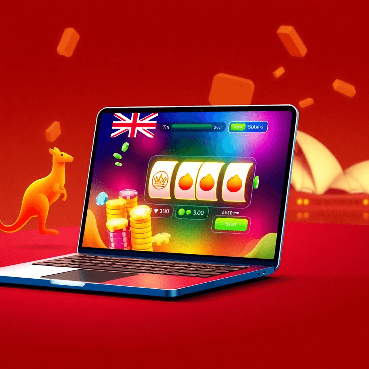 Laptop screen displaying a vibrant online casino interface with glowing chips, slot reels, and subtle Australian-themed elements like a kangaroo and the Sydney Opera House.