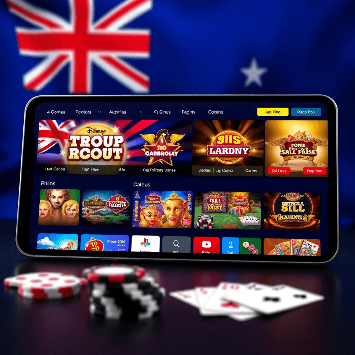 Digital device screen displaying vibrant Australian-themed pokies and table games with poker chips and cards, set against a backdrop in Australian flag colors.